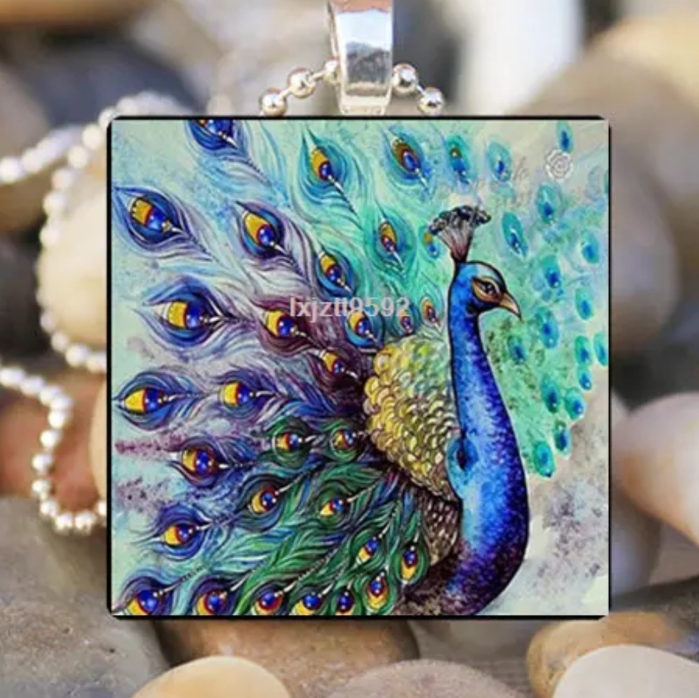 Peakock Plume Glass & Silver Tile Necklace